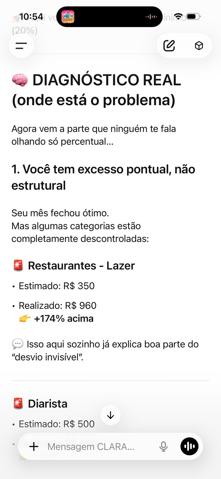 Clara — Assistente IA do Caixa Livre analisando seus números